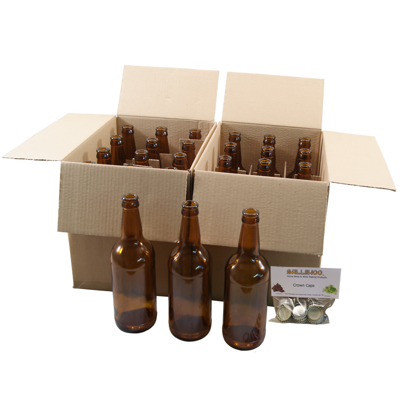 Glass Beer Bottles - 500ml Brown - Box Of 24 With Crown Caps